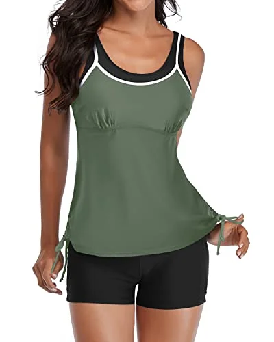 Athletic 2 Piece Tankini Swimsuits Push Up Bra & Adjustable Straps-Olive Green