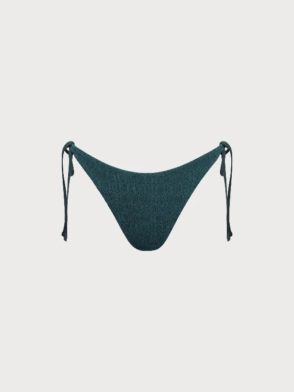 Dark Green Textured Tie Bikini Bottom