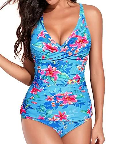 V-Neck Two Piece Tankini Tops Bikini Bottoms Twist Swimwear-Blue Floral