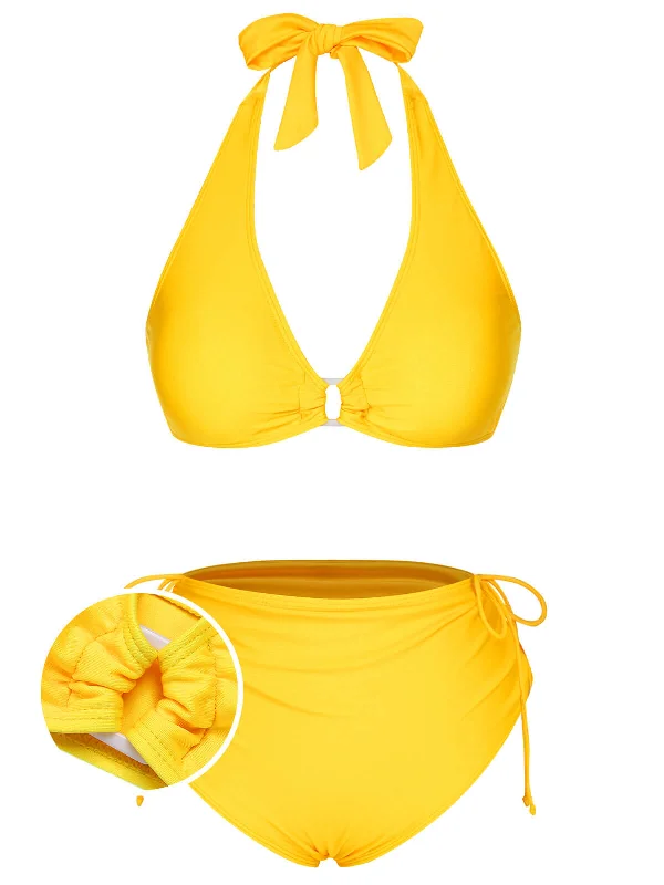 Yellow 1970s Lace-Up Halter Bikini Set