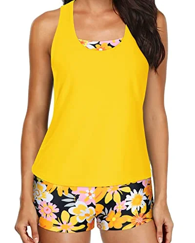 3 Piece Womens Tankini Swimsuit Shorts Athletic Bathing Suit-Yellow Flowers