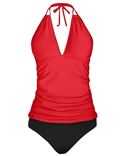 Backless V Neck Tankini Tops Bikini Bottom Tummy Control-Neon Red