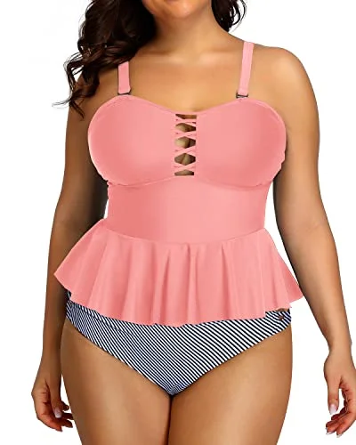 Lace Up Plus Size Swimsuits For Women Tummy Control Two Piece Bathing Suits-Coral Pink Stripe