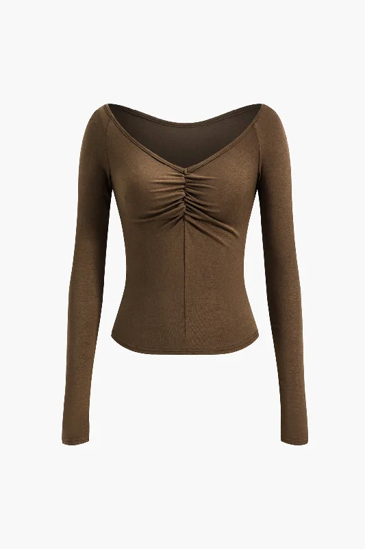 V-Neck Ruched Long-Sleeve Top