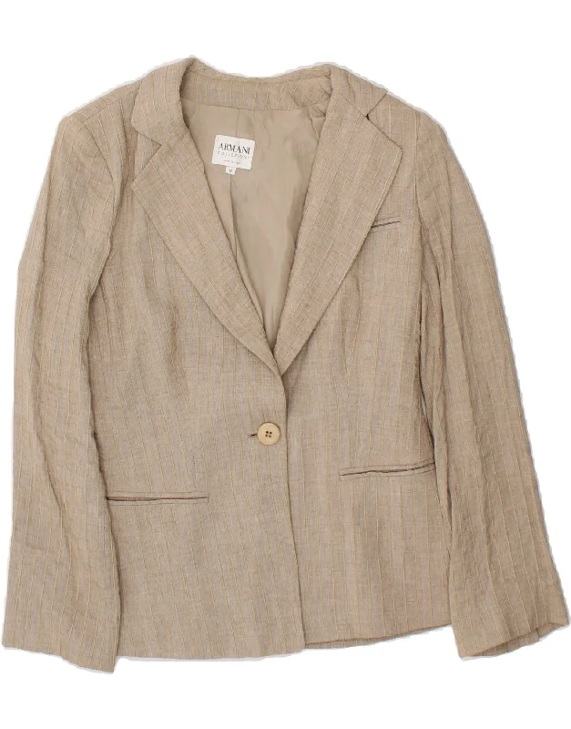 ARMANI Womens 1 Button Blazer Jacket IT 42 Medium Beige Striped Viscose