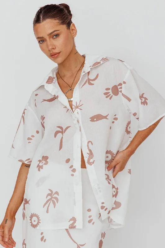 Light Aura Button Up Shirt Print White Tan