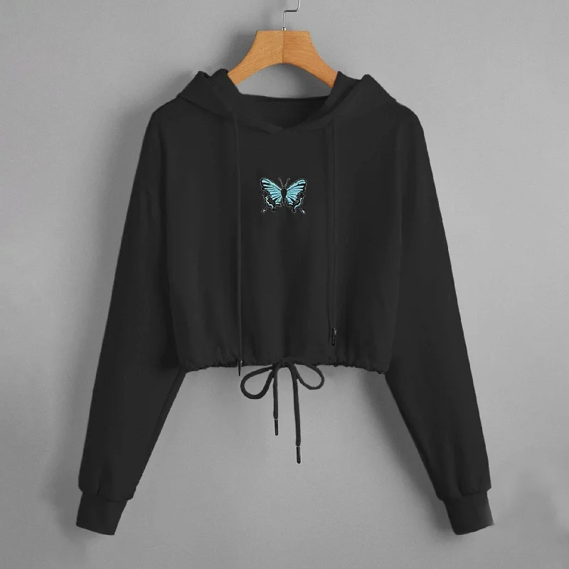 Butterfly Print Drawstring Hem Hoodie