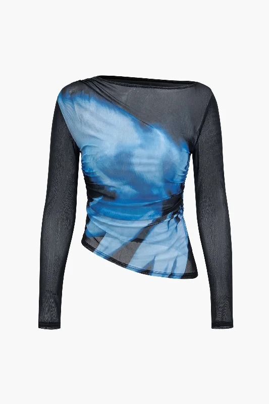 Abstract Print Mesh Long-Sleeve Top