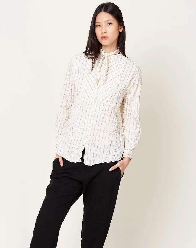 Crinkle Striped Tie Neck Blouse in Ivory