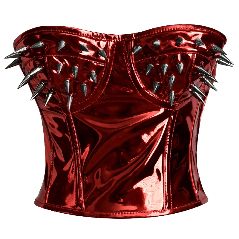 RED Metallic PVC Steel Boned Bustier Top corset w/ Spikes