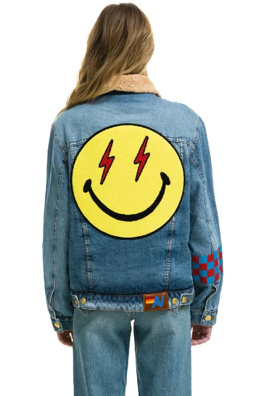 AVIATOR NATION SMALL STOKED BOLT SMILEY RANCH SHERPA DENIM JACKET - SUPER LIGHT