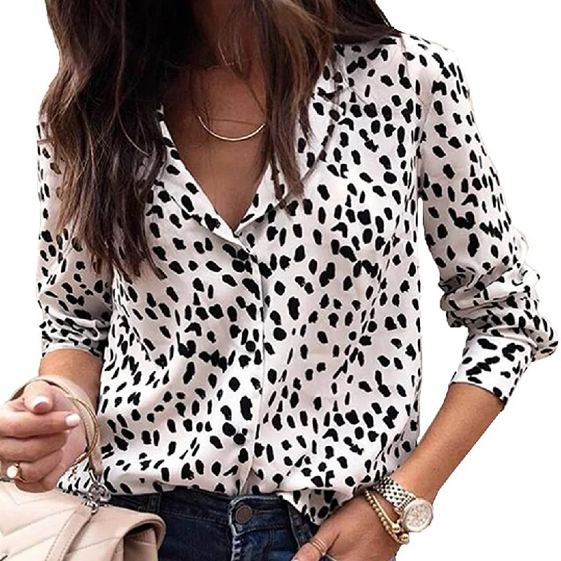 Womens Casual Tops V Neck Leopard Tunic Long Sleeve Button Down Shirts Top