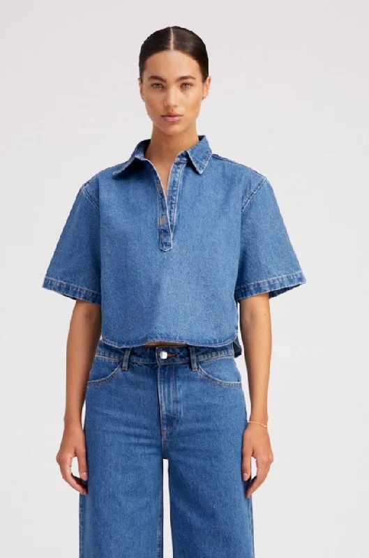 Coco Denim Cropped Oversized Henley Shirt