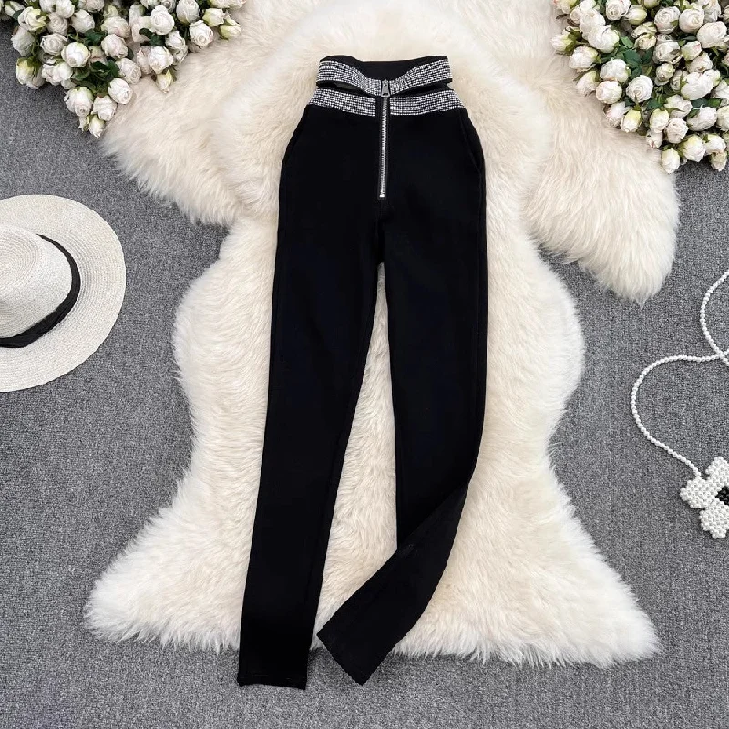 Casual diamond trousers pants black pants for women   S4183