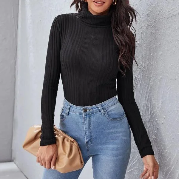 Rolled Neck Rib-knit Tee