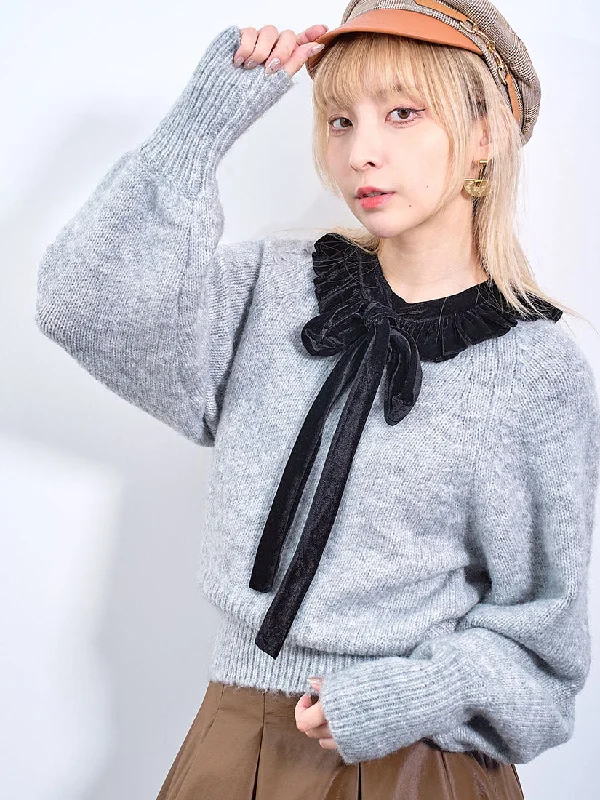 Velvet Ruffle Ribbon Collar Sweater (2 Colours)