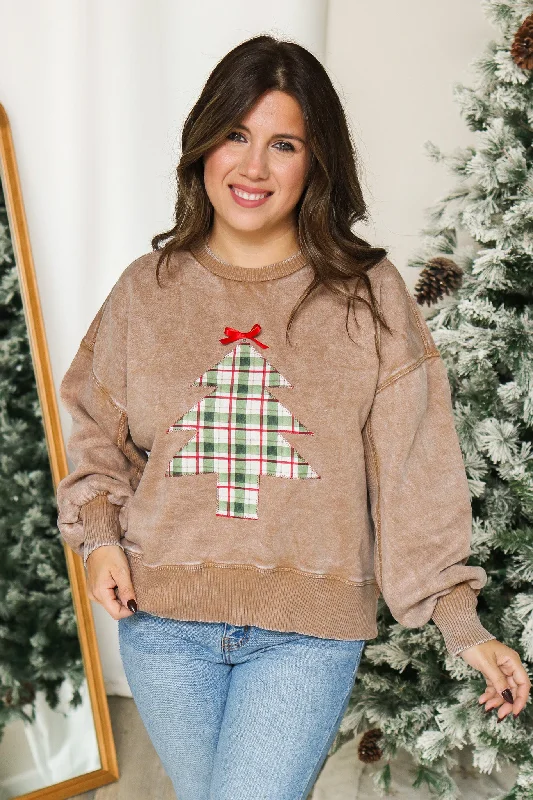 Vintage Plaid Stitched Christmas Tree Pullover (camel)