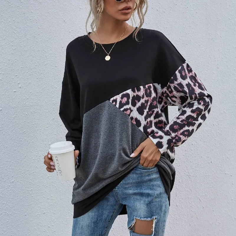 Leopard Print Colorblock Drop Shoulder Sweatshirt