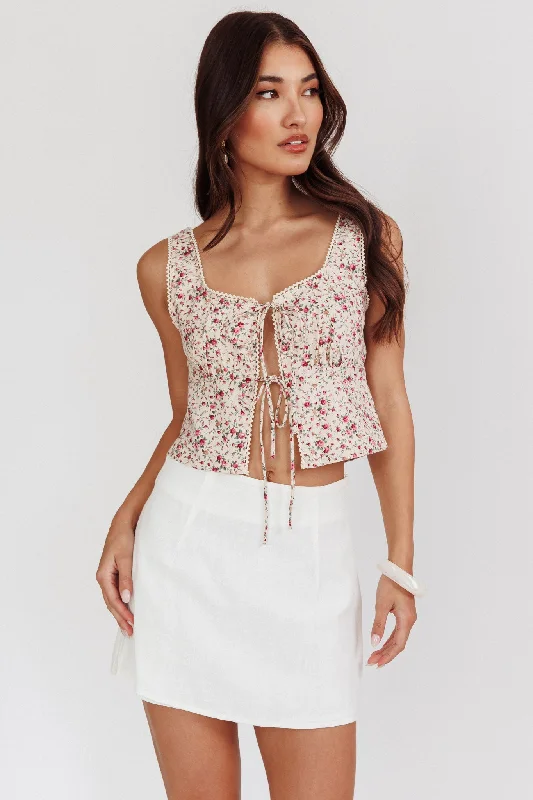 Evelynn Floral Front Tied Top Beige