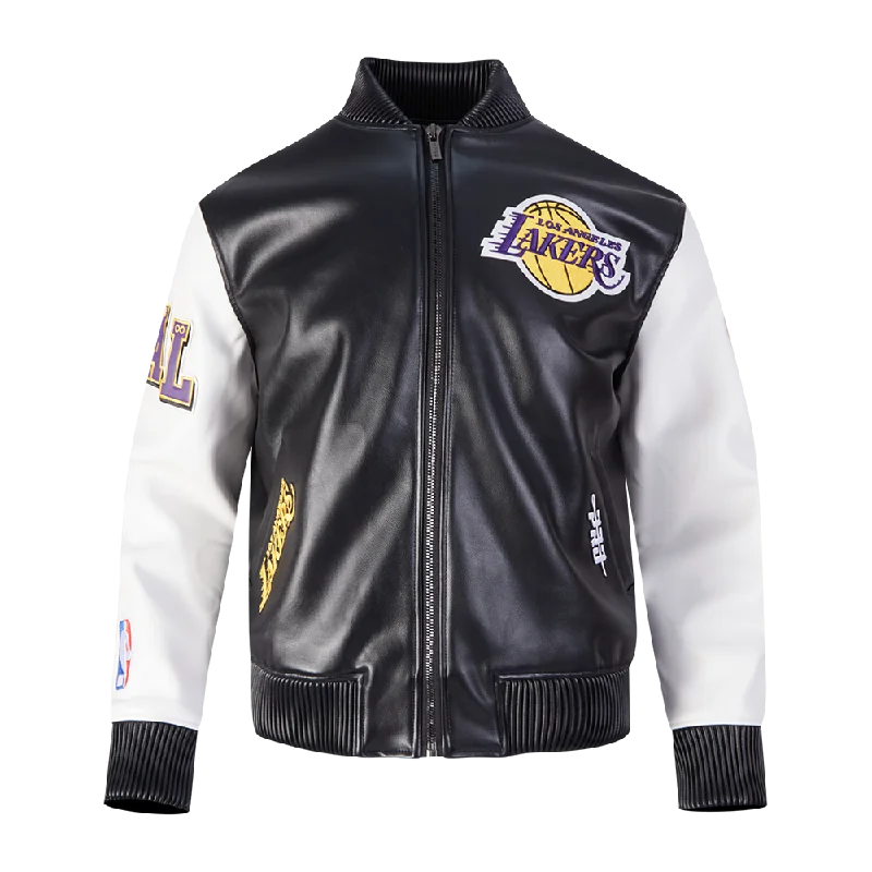 NBA LOS ANGELES LAKERS CITY SIGNATURE MEN'S LEATHER VARSITY JACKET (BLACK/WHITE)