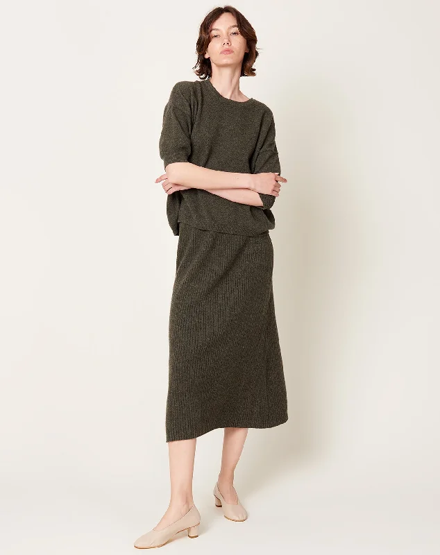 Cashmere Rib Semi Circle Midi Skirt in Olive Melange