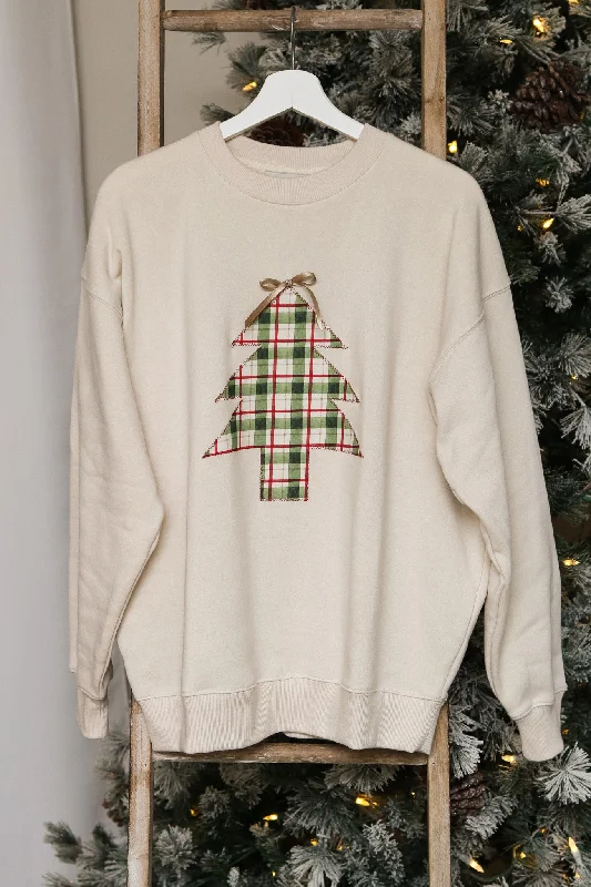 Vintage Plaid Stitched Christmas Tree Pullover (sand beige)