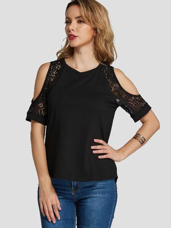 Custom Cold Shoulder Lace Short Sleeve Black T-Shirts