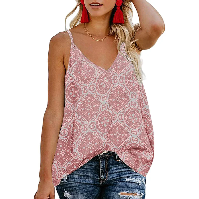 Women's Boho Floral V Neck Spaghetti Straps Tank Top Summer Sleeveless Shirts Blouse