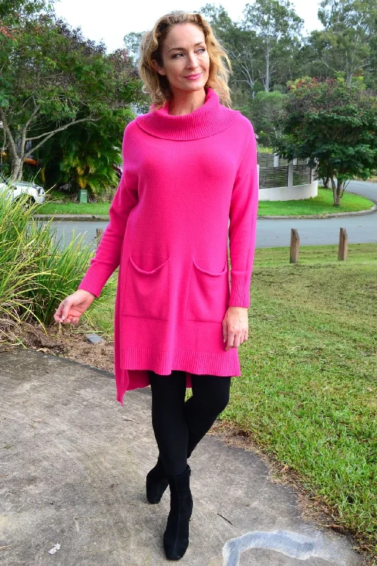 Fuchsia Pocket Warm Knit Tunic Jumper