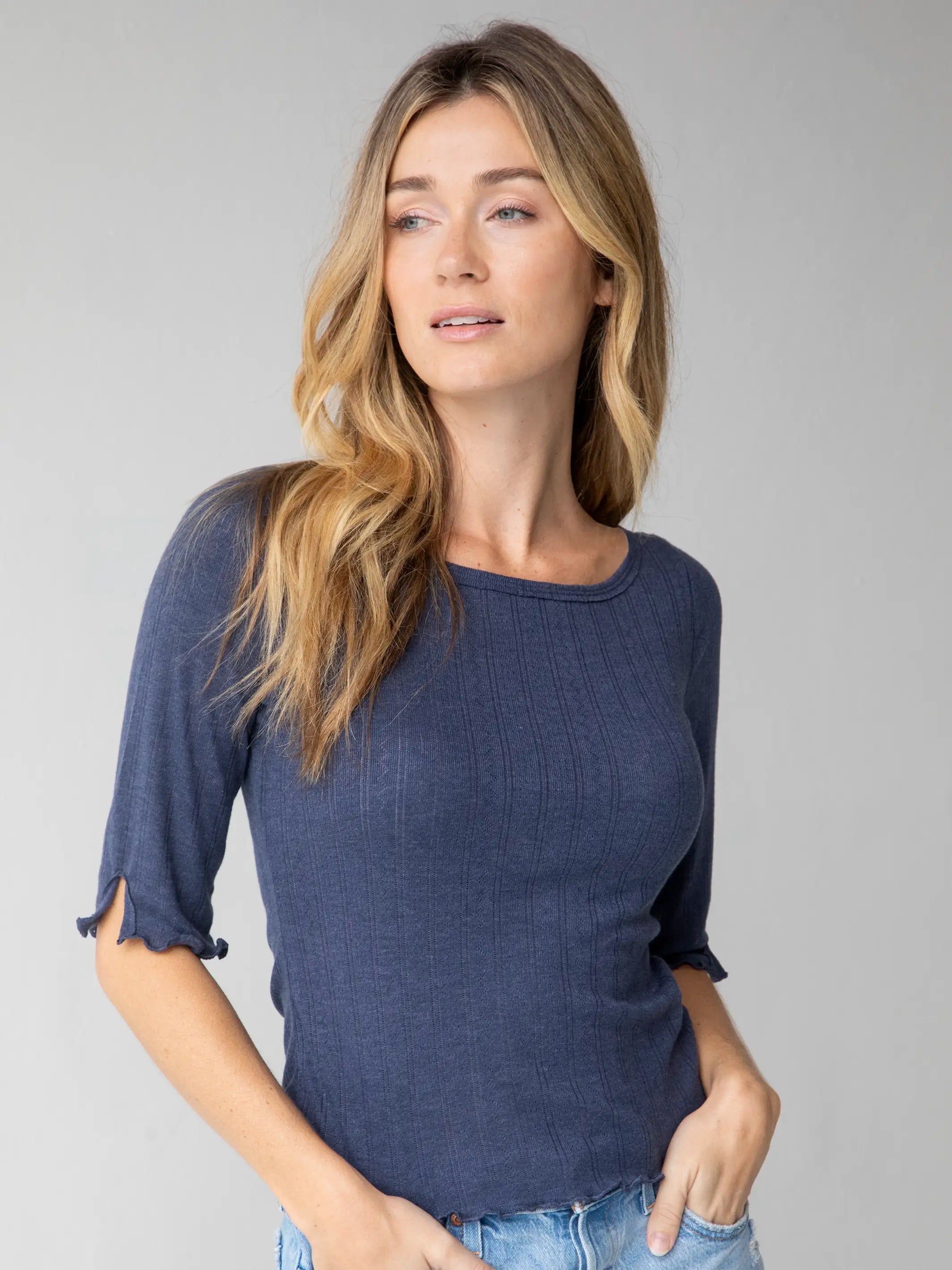 Leah Pointelle Top - Slate Blue