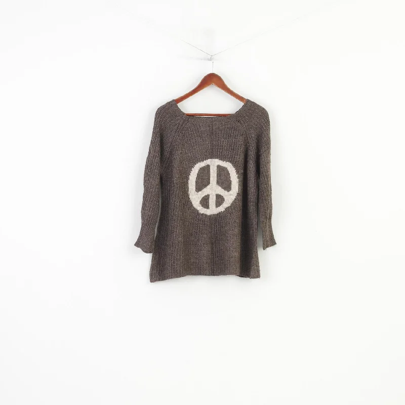 Vintage Women S Jumper Brown Wool Mohair Blend Peace 2/3 Sleeve Knitwear  Made in Italy Vintage Top