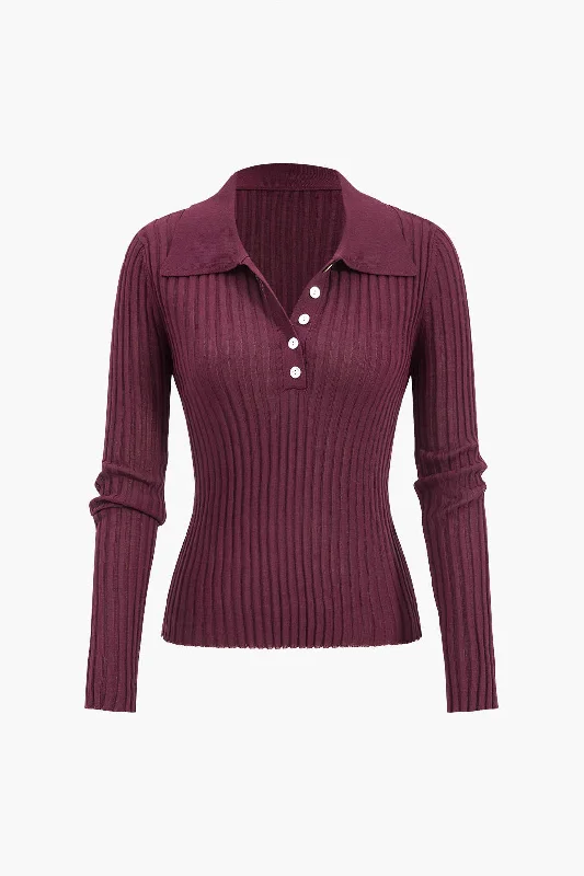 Ribbed Button Long-Sleeve Top