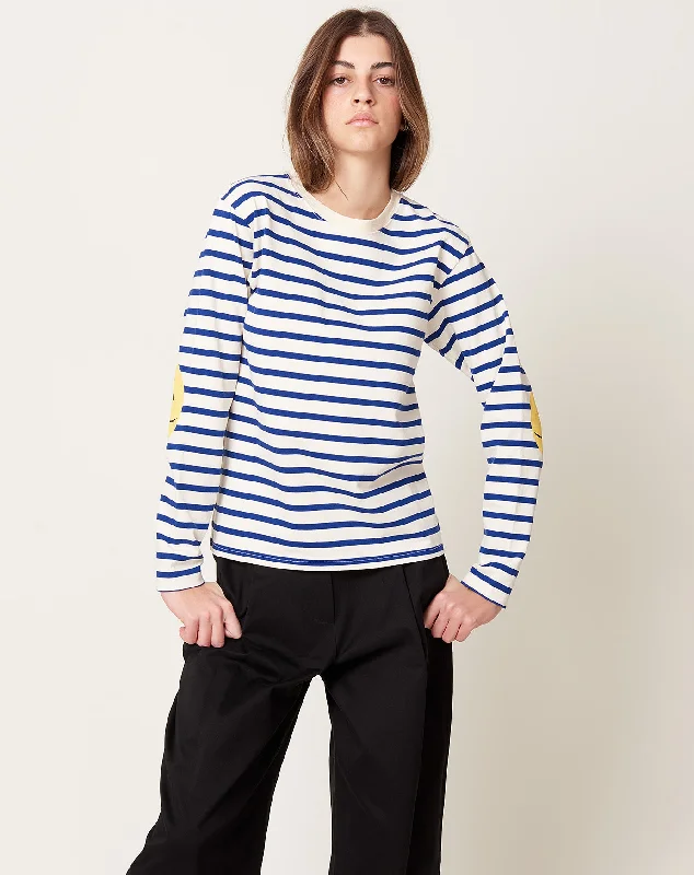 Stripe Jersey Crew Long Sleeve T (RAINBOWY Patch) in Ecru & Blue