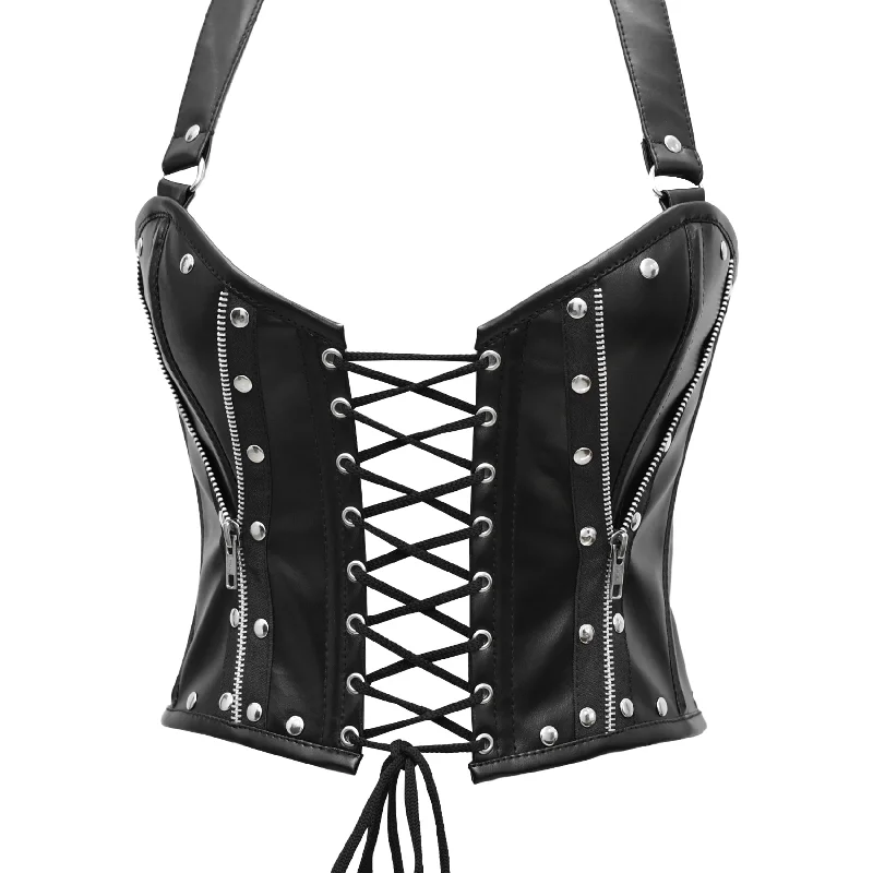 Black Real Leather Steel Boned Bustier Top corset w/ Halter Strap