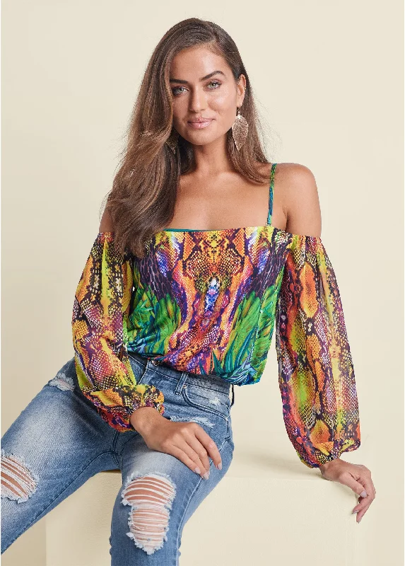 Printed Cold-Shoulder Top - Teal Multi