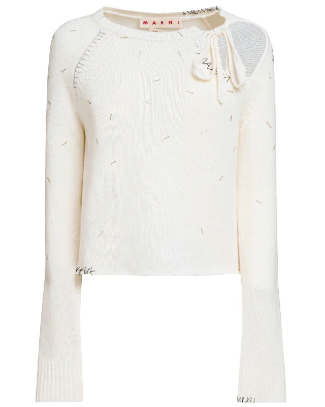 Ivory Embellished Tie Neck Sweater