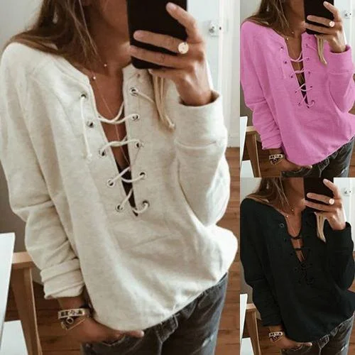 Women's Fashion Lace Up Deep V-neck Casual Long Sleeves