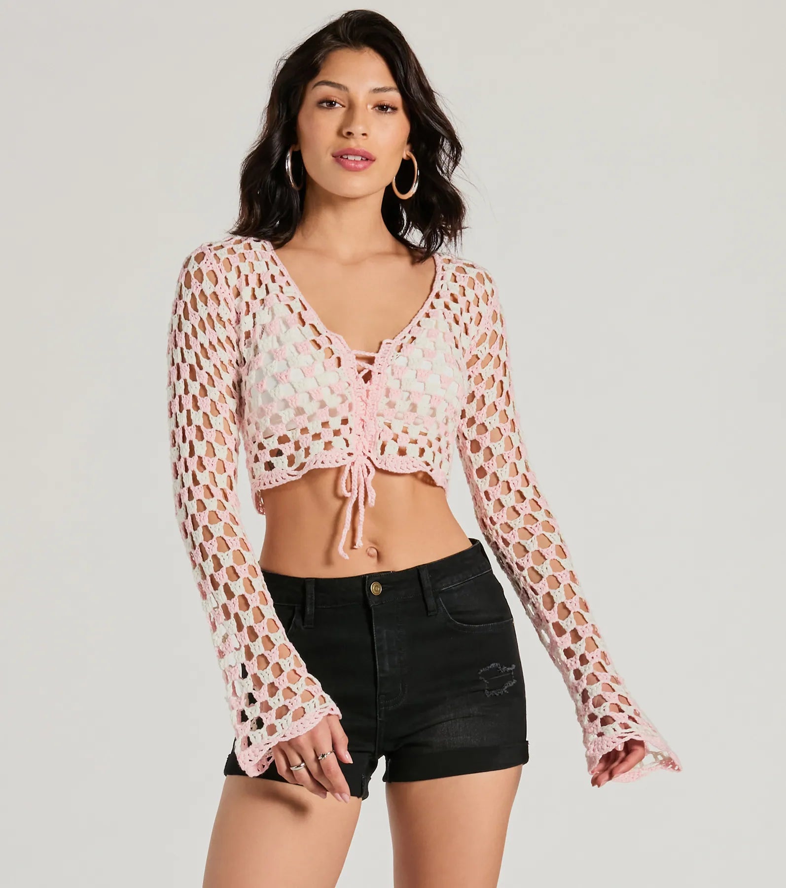 Total Trend Long Sleeve Checker Crochet Sweater