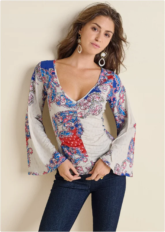 Ruched Printed Top - Red Multi