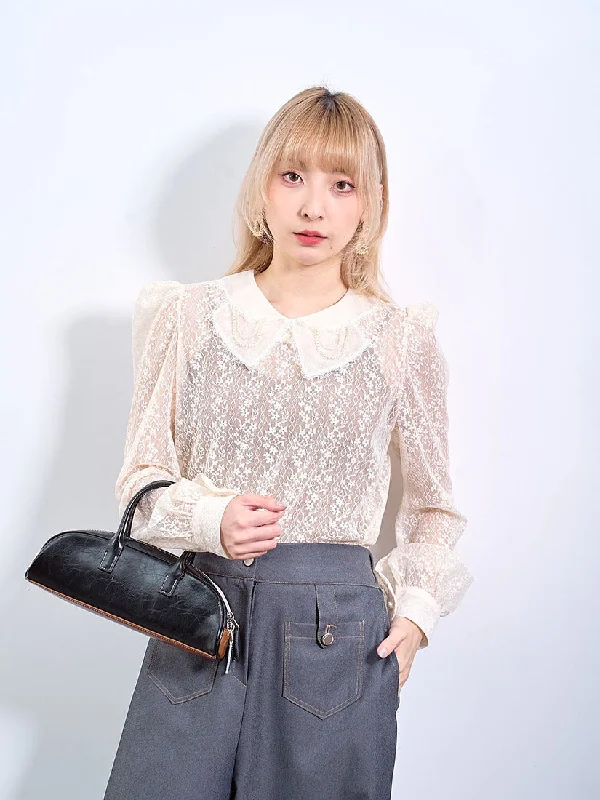 Pearl Organza Collar Floral Lace Blouse