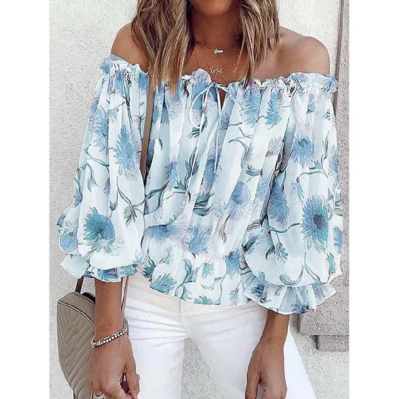 Women's T-Shirt Floral Print Off Shoulder Top Puff Sleeves