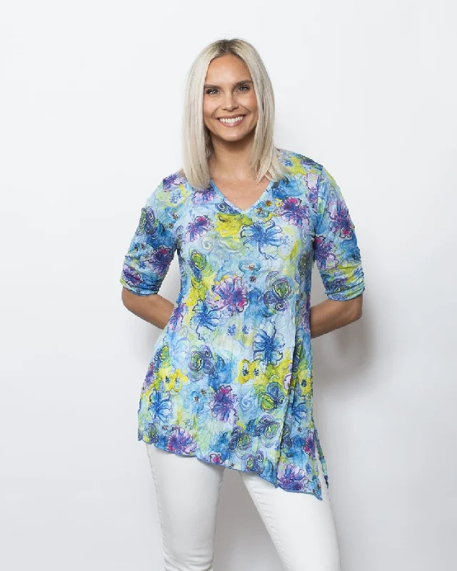 SnoSkins Printed Crinkle Mesh V-Neck with Assymetric hem 89595-24S