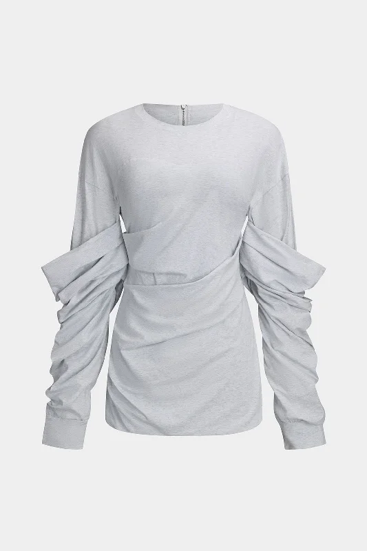 Ruched Patchwork Zipper Long-Sleeve Top