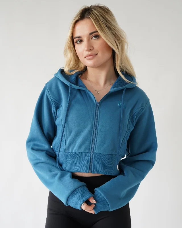 Lounge Cropped Zip-Up Hoodie - Cyan