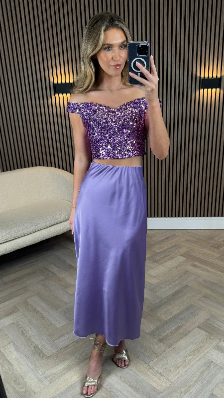 Abigail Purple Off Shoulder Sequin Crop Top