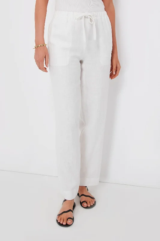 Off White Linen Tie Front Pull On Pant