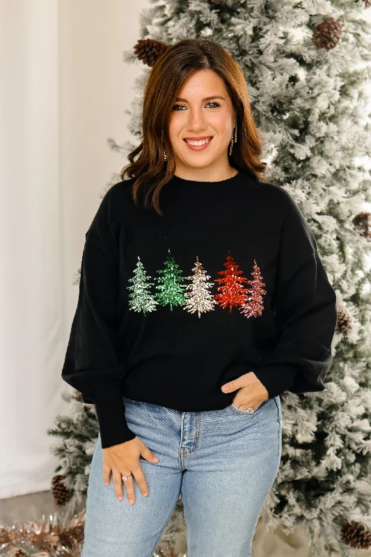 Colorful Christmas Trees Sequin Sweater (black)