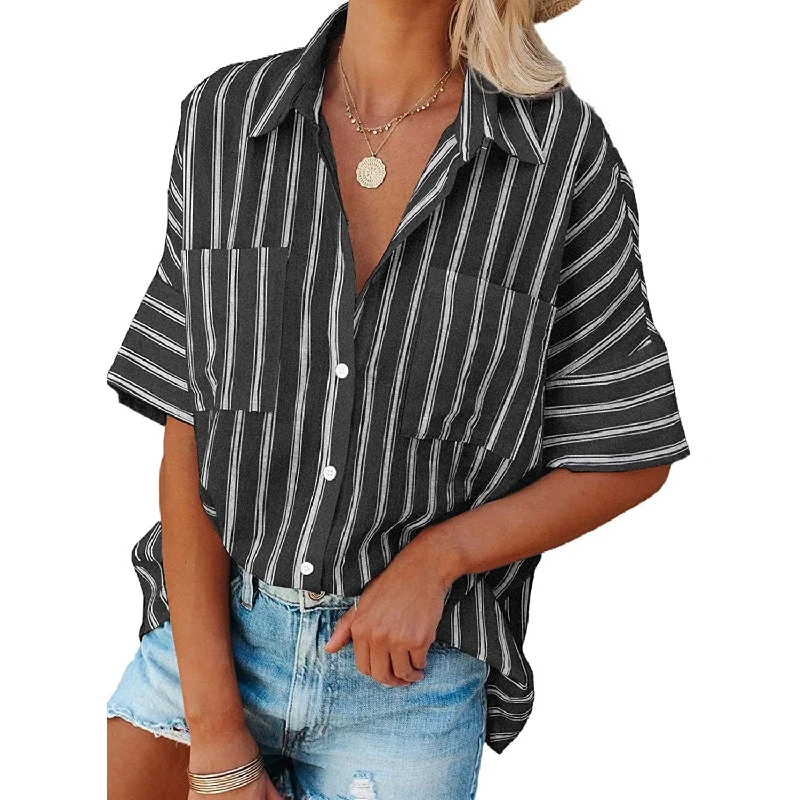 Women's V Neck Striped Roll Up Cuff Button Shirt Top