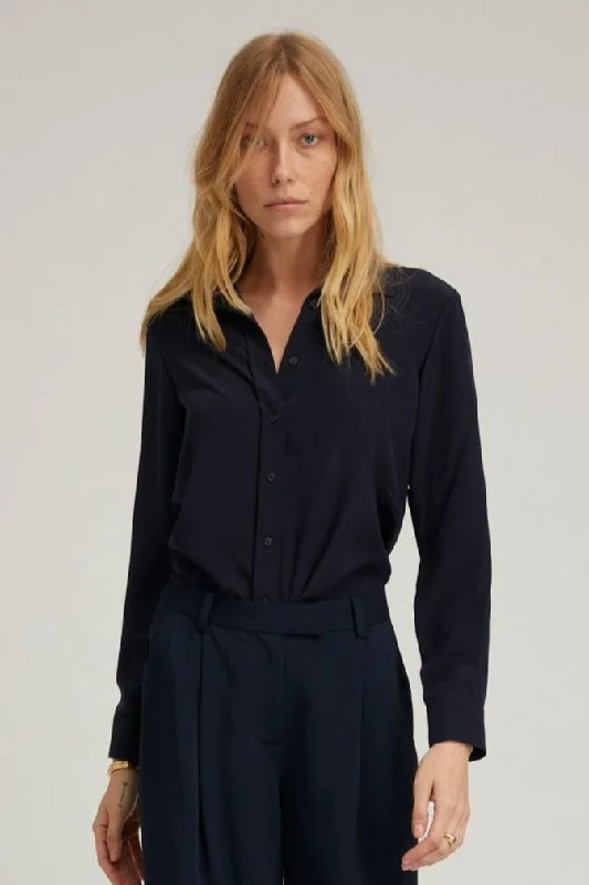 Navy Silk Fitted Button Down