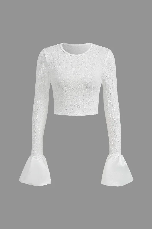 Flared Cuff Textured Long Sleeve Crop Top